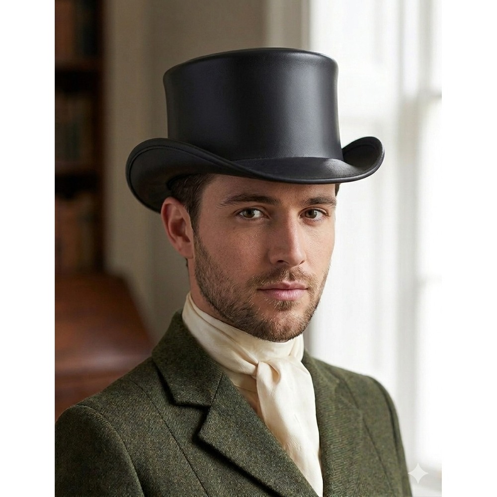 American Hat Makers Marlow Black Leather Top Hat Med Steampunk Biker Made In USA
